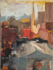 Miniature Cityscape by Robert O'Meara, circa 1975, Oil on Masonite, sold Feb 2026
