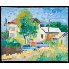 Point Reyes Cars by Pamela Glover, 1970, oil on canvas, sold Nov 2024