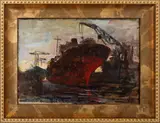 At the Port. Ship. by Eric Rebane, circa 1950, Oil on Canvas, sold Feb 2026