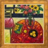 Still Life Scene of Bouquet and Fruit by S. Montey, Acrylic on Canvas, sold Feb 2026