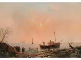 Mit Fischerbooten und Figurenstaffage by Alexander Vasiliev Gine, oil on canvas, sold Mar 2023