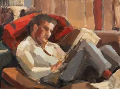 Man Reading by Mason Wells, oil on canvas affixed to board, sold Jan 2025