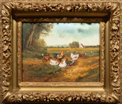Les Poulets by Jean Lescure, oil on canvas, sold Dec 2024