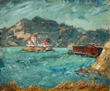 California Lake Scene by Isabel Lockwood, oil on board, sold Jan 2025