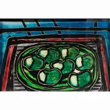 Basket and Fruit by Cady Wells, 1954, mixed media on masonite, sold Feb 2025