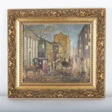 Paris Street Scene by Gilt Frame, An atmospheric oil painting on canvas depicting a bustling l, sold May 2025