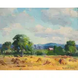 Haystacks in the Fields by Marian Parkhurst Sloane, oil on canvas affixed to board, sold Feb 2025