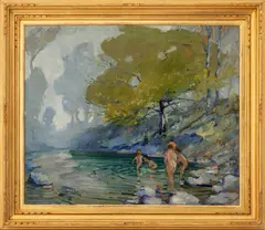 Children Bathing in a Forest Pool by Jonas Lie, Oil on Canvas, sold Apr 2026