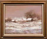 Snowy Cabin by Paul Burkle, oil on canvas, sold Feb 2025