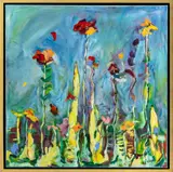 Abstract Flower Composition by Emily Shipe, Acrylic on Canvas with Collage Elements, sold May 2026