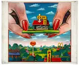 Surrealist Fast Food Landscape Scene by Stanislaw Andrzej Zagorski, Acrylic on Paper Mounted on Canvas, sold May 2026