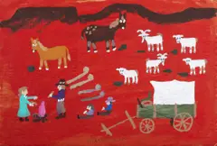 Farm Scene by Mamie Deschillie, acrylic on cardboard, sold Feb 2025