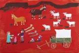 Farm Scene by Mamie Deschillie, acrylic on cardboard, sold Feb 2025