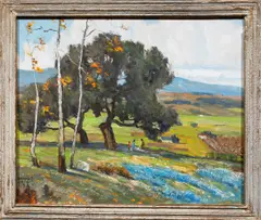 Picknicking Under an Oak Bow by Douglas Shively, 1987, oil on board, sold Feb 2025