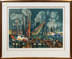 Fishermen," circa by Millard Sheets, screenprint, sold Mar 2025