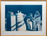 Coffee Pot by Linda Plotkin, 1980, lithograph with hand coloring, sold Mar 2025
