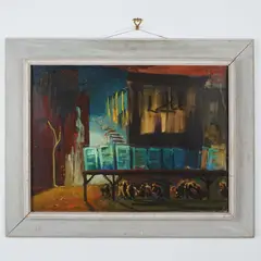 Original Tempera on Board Painting by Urban Landscape, This vivid and dramatic tempera on board painting by artist, sold Jun 2025