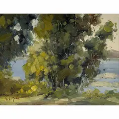 Untitled (Trees Along the Coast) by S. C. Yuan, oil on canvas affixed to board, sold Apr 2025
