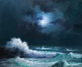 Ocean Under the Moon by Roy A. McClendon, oil on canvas, sold Apr 2025