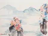 Untitled (Mountain Lake Landscape) by Chiura Obata, watercolor laid down on board, sold Apr 2025