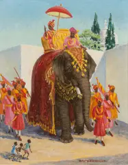 Procession in Udaipur by Charles Baskerville, 1966, oil on canvas, sold Apr 2025