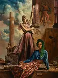 Two Women by Russell R. Tripp, 1993, acrylic on board, sold Apr 2025