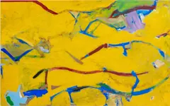 Abstract Composition in Yellow with Blue and Red Lines by Robert O'Meara, Oil on Canvas, sold May 2026
