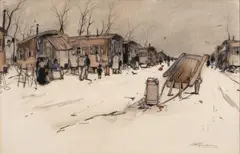 Winter Village Scene by Jan Rijlaarsdam, watercolor, sold Apr 2025