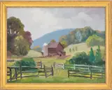 Red Barn Landscape Scene by George Holloway, 1983, Oil on Canvas Panel, sold Jun 2026