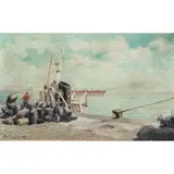 Harbor Scene by Paul Émile Lecomte, oil on cardboard, sold Apr 2025