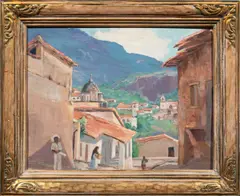 European Street Scene by Esther Eddy Hasting, oil on board, sold Apr 2025