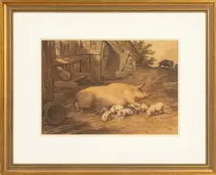 Sow and Piglets by Robert Hills, 1809, Watercolor on Paper, sold Jun 2026