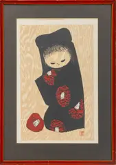 Girl and Red Camellia by Kaoru Kawano, Woodcut Print in Colors, sold Jun 2026