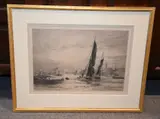 Shipping on the river Etching Signed in pencil, lower left Plate: 30 x 45cm (11 3/4 x 17 3/4in.) by William Lionel Wyllie, Etching, sold Aug 2017