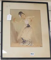 Dancing lady by Ngwe Gaing, watercolour and gouache, sold Aug 2020