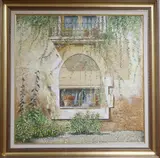 Flowers in a window by Chris Wild, oil on board, sold Aug 2020