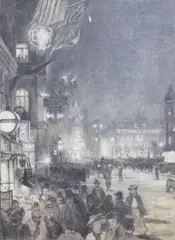 Town Square with figures celebrating the Coronation at night outside the Alhambra by Charles William Wyllie, oil on canvas, sold Aug 2020