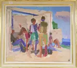 Figures on a beach, initialled, 65 x 75cm by Julian Bailey, oil on board, sold Aug 2020