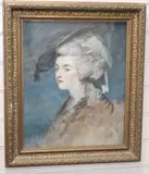 Head and shoulder portrait of a lady wearing a broad brimmed hat by M. Loufte, 1920, oil on canvas board, sold Aug 2020