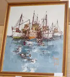 Fishing boats in harbour by Bernard Dufour, oil on canvas, sold Aug 2020