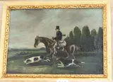Sportsman on horseback with hounds in a landscape by James Clark, 1856, oil on wood, sold Aug 2020