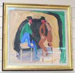 Two actors on a stage by Julian Bailey, oil on board, sold Aug 2020