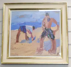Figures on a Beach, initialled, 34 x 37cm by Julian Bailey, oil on board, sold Aug 2020