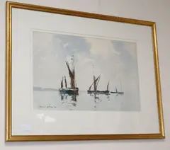 Sail barges off the coast by Edward Wesson, watercolour, sold Aug 2020