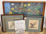 Study of dandelions, 50 x 64cm, Winter scene, Harvester, Old Joe, Ancient Crafts Sussex and Robin, together with a copy of the book Charles Chaplin by Charles Chaplin, pastel and five, sold Aug 2020
