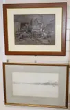 Rochester Bridge and Castle, 1934, 25 x 46cm and a watercolour by David Thomas Rose, The Yard, 27 x 38cm by Murray Urquhart, watercolour, sold Aug 2020