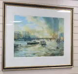 View along The Thames with HMS Belfast by Alexander Creswell, watercolour, sold Aug 2020