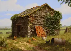 Chickens beside a stone barn by Edward Hersey, oil on canvas, sold Aug 2020