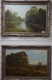 Shepherd and flock beside pine trees and Cattle beside a river by William Langley, oil, sold Aug 2020