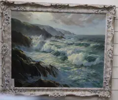 Waves breaking against the shore by William F. Piper, oil on canvas, sold Aug 2020